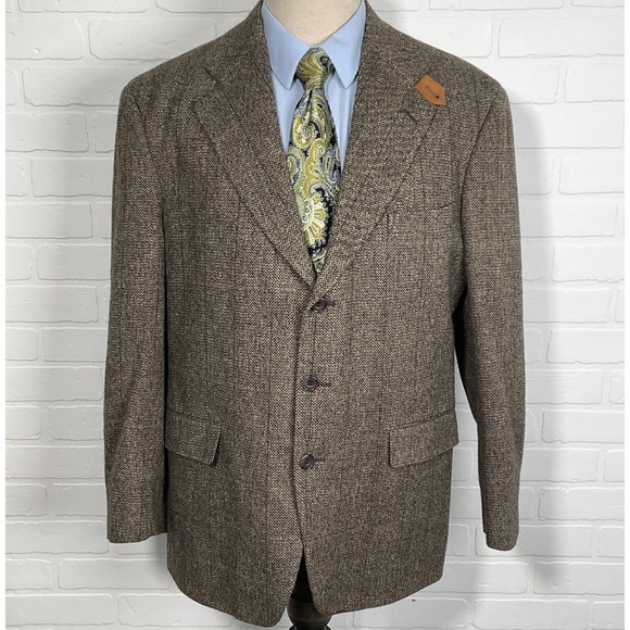 Evan-Picone Blazer Men 44 Brown Tweed Wool Coat Suede Collar Tab‎ Elbow Patch - Picture 1 of 15